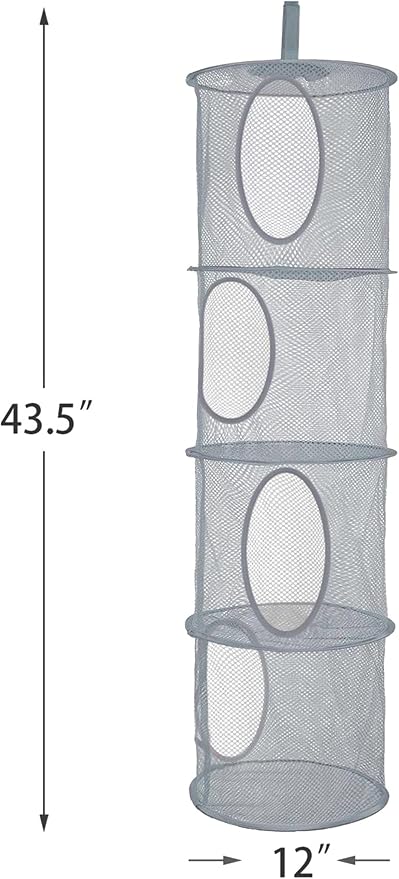 Hanging Stuffed Animal Storage Hammock Net 4 Tiers, Grey | Hanging Mesh Storage Organizer for Kids Room, Holds Plushies, Gloves, Hats, Socks, Foldable Space-saving Design