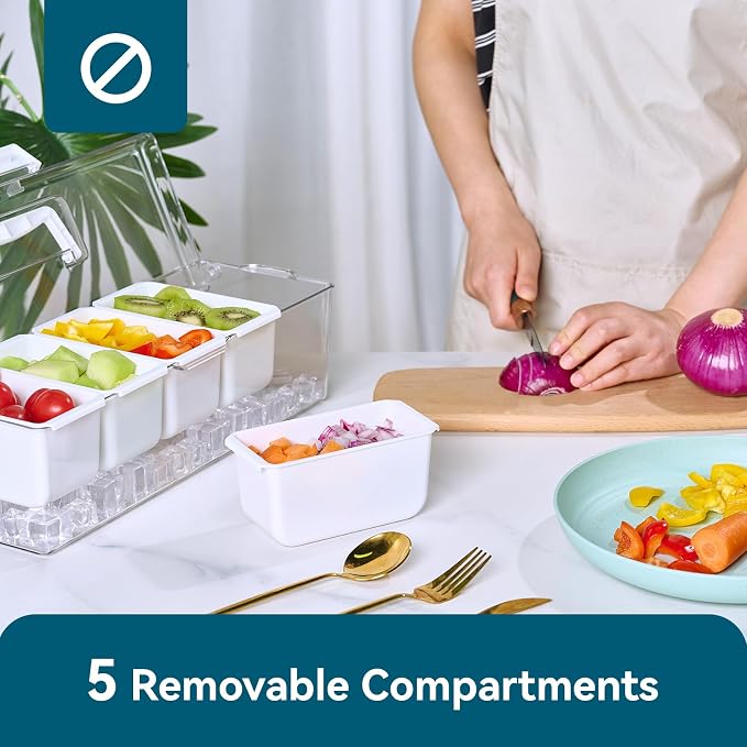 Chilled Condiment Caddy Server with 5 Removable Compartments Containers | Ice Chilled Condiment Tray Organizer, Hidden Handle Design, Garnish Tray Multi-Purpose for Camping, Kitchen, Fruit, Salad