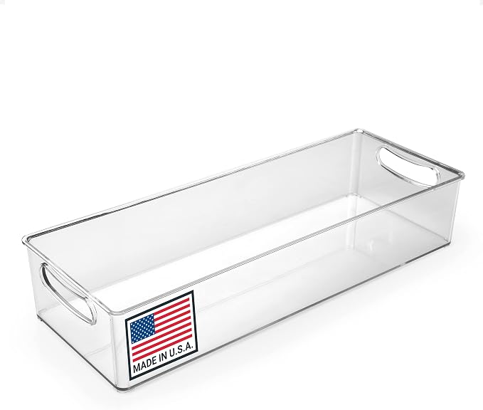 Pikanty Clear Refrigerator Organizer Bin with Handles — 15 Inch Stackable Fridge and Pantry Storage Container for Snacks, Produce, Cans, Yogurt, Condiments, Dishwasher and Freezer Safe, Made in USA