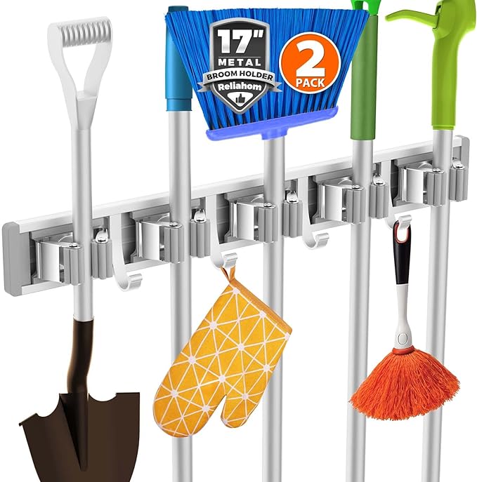 reliahom Broom Holder Wall Mount Mop Hanger Tools organizer 5Racks4Hooks,2P | Adjustable Mop Broom Wall Hanging Heavy Duty Tools Storage Rack Space-saving for Garage,Kitchen,Laundry Room,Garden, Silver