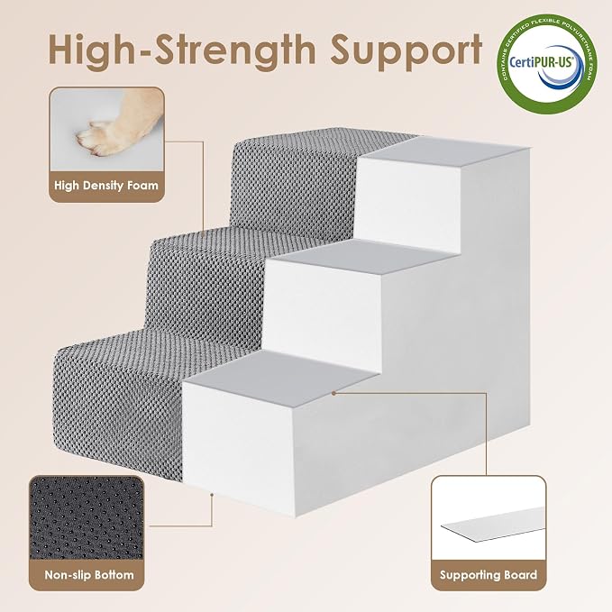 EHEYCIGA Dog Stairs for Small Dogs 16.5" H, 3-Step Extra Wide Ramp, Grey | Pet Steps for Couch Sofa and Chair, Pet Steps for Medium Cats, Non-Slip Balanced Pet Ramp Indoor