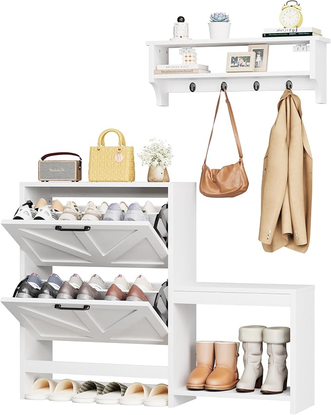 Homeiju Shoe Storage Cabinet Organizer with 2 Flip Drawers, Freestanding Narrow Shoe Rack for Entryway, Shoe Bench, Wall Ledge Shelf, Coat Hooks & Anti-Tip Safety for Kids & Pets – White