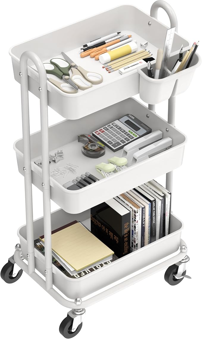 Simple Houseware 3-Tier Rolling Utility Cart with Hanging Bucket, White | Storage for Bathroom, Kitchen, Office, Study Room, Nursery Diaper