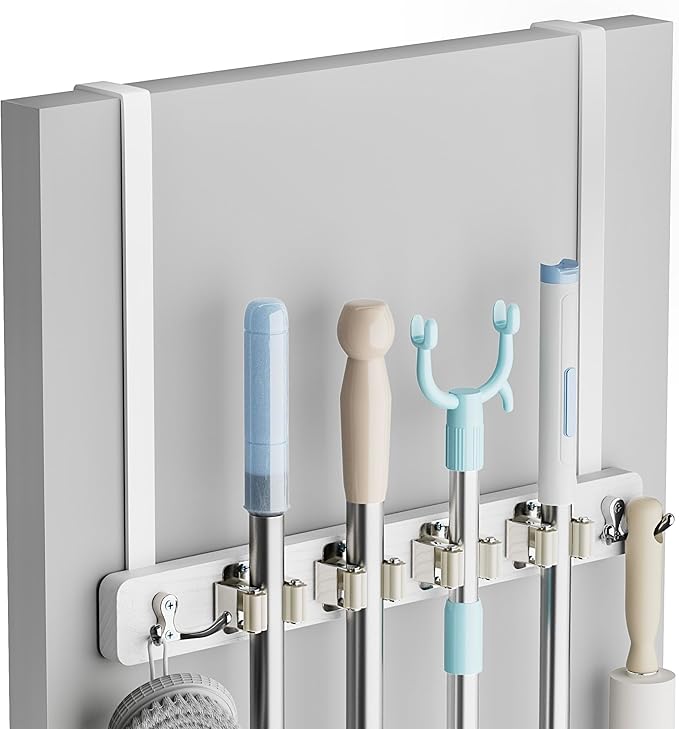 Lorbro Broom Holder Door Mount, Wood Over the Door Broom and Mop Holder | 4 Slots 4 Hooks, No Drill Setup, EVA Protection Pads, Secure Grip, Laundry Garage Closet Kitchen Use, White