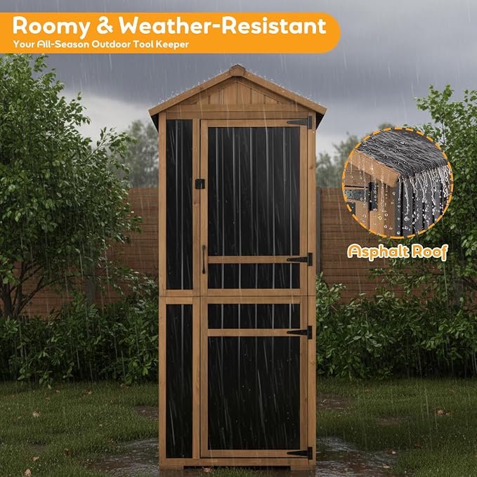 Outdoor Storage Cabinet, Extra-Tall Shed with Removable Shelf for Long Tool | Wood & Metal, Waterproof Asphalt Roof, Removable Shelf, Magnetic Lockable Doors, for Patio, Backyard, Garage, Garden