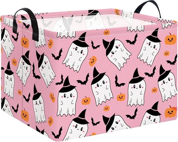 NTAO Gift Storage Basket Empty for Halloween, Storage Bin with Handles, Room Decor, Book Box(Pink Ghost Bat)