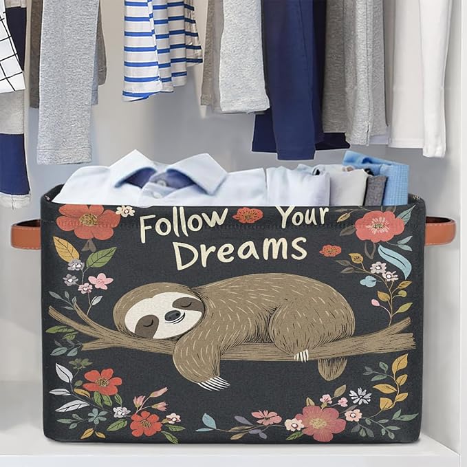 SEULIFE Quote Animal Sloth Flower Tree Foldable Storage Basket, Large Collapsible Organizer Storage Bin Cube Toys Storage Boxes with Handles for Bathroom Kids Nursery Closet Storage, 1 Pack