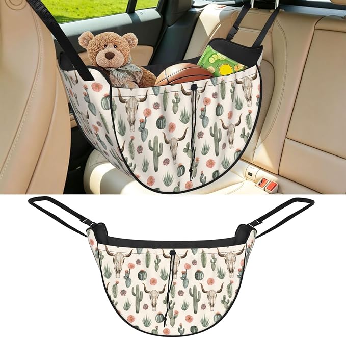 Cactus Skull Floral Car Seat Organizer Backseat Storage Bag, Large Waterproof Vehicle Organizer With Adjustable Straps For Gear Essentials, Fits Most Cars