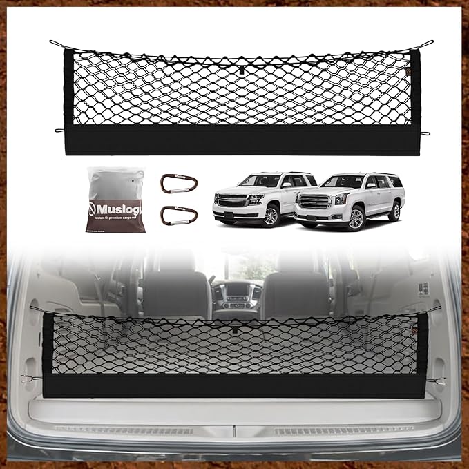 Muslogy Cargo Net for 2015-2020 Chevy Suburban | GMC Yukon XL Accessories | Custom Fit, Trunk Storage Organizer Net for SUV Sedan Van Divider, with Heavy Duty Carabiners, Night Visible Grab Handle