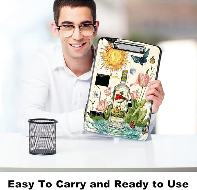 A4 Clipboard with Storage Pen Holder, Clipboards Organizer Nursing Clipboard Foldable File Folder Plastic Clipboard Folio Clip Board for Office Work Classroom Doctor, Sun Drift Bottle