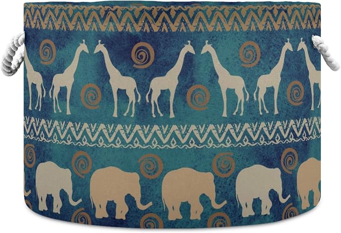 visesunny African Tribal Ethnic Elephant And Deer Collapsible Large Capacity Basket Storage Bin with Durable Cotton Handles, Home Organizer Solution for Office, Bedroom, Closet, Toys, Laundry
