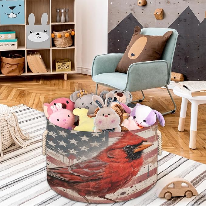 Large Storage Baskets - Red Cardinal American Flag Nursery Organizer Bin Box with Handles Collapsible Round Laundry Hamper for Kids Toys Pet Blanket, Bedroom Living Room Home Decor Gift Basket