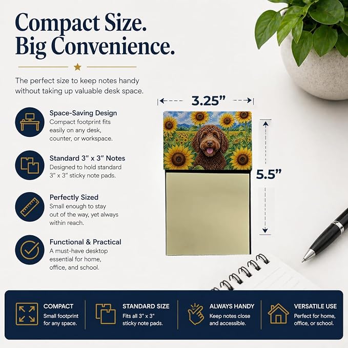 Caroline's Treasures Labradoodle in Sunflowers Watercolor Sticky Note Holder Refillable Dispenser Desk Accessory 3x3 Pad Gift
