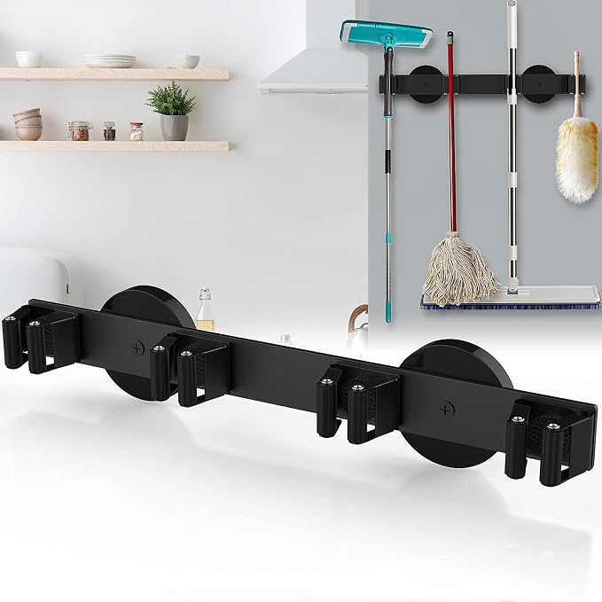 Magnetic Mop Broom Holder, Strong Non Slip Magnetic Broom Mop Hanger, Heavy Duty Magnetic Hooks for Hanging Shovel Rake Tools, Wall Mounted Utility Storage Magnet Rack 4 Rack