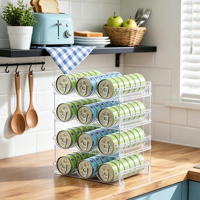 Cat Can Storage Organizer for Pantry, High Clear Acrylic Dog Canned Food Storage Rack 2 Tier Stackable Shelf for Pet Cans Dispenser with Can Cover Lid and Spoon (4 Tier Stackable Pet Can Organizer)
