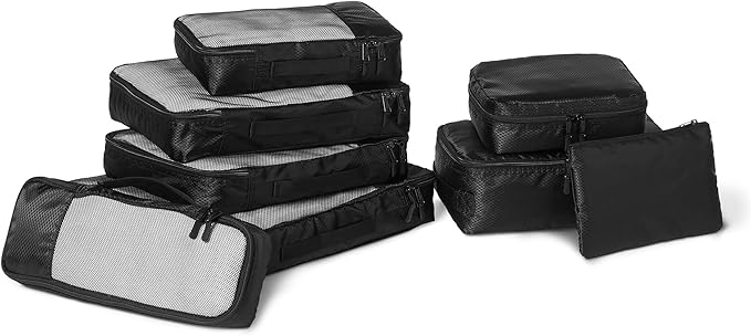 Amazon Essentials 8-Piece Packing Cubes Travel Accessories Set, Luggage Organiser with Double Zip, rPET Construction, Space-Saving Design, Black