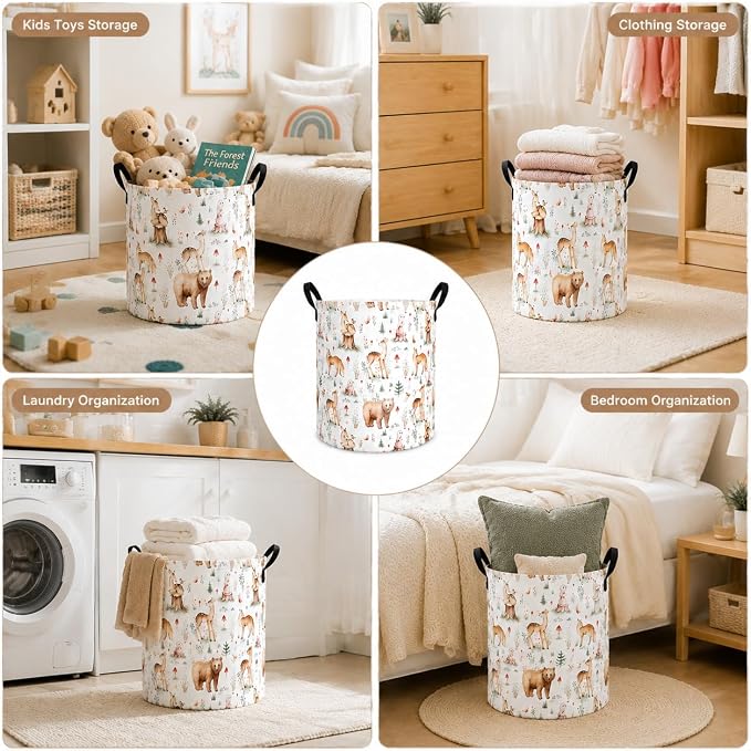 MAIZMZ Woodland Animal Storage Bin, Waterproof Lining Laundry Basket with Leather Handles for Kids Room, Gifts