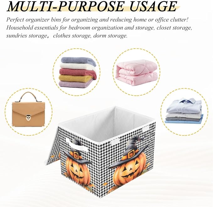 Halloween Pumpkin Fabric Storage Bins with Lid Closet Storage Basket 40L | Decorative Storage Boxes, Foldable & Stackable, Dust-Proof Flip Top, Reinforced Handles, For Home & Dorm, Clothes & Toy Box
