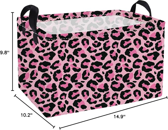 Essme Rectangular Baskets,Pink Storage Basket with Handles for Room Decor, Leopard Print Box,Cute Storage Bin（Pink leopard print）
