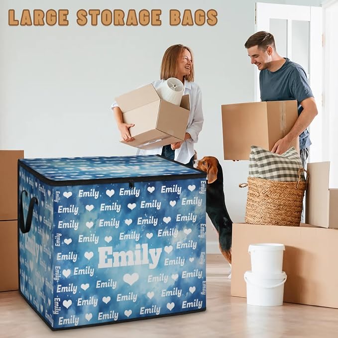 Personalized Name Large Storage Basket with Lid, Watercolor Blue Starry Night with Love Heart Canvas Storage Bins Quilt Clothes Organizer for Bedroom, Kitchen, Bathroom, Nursery, Shelves, Closets