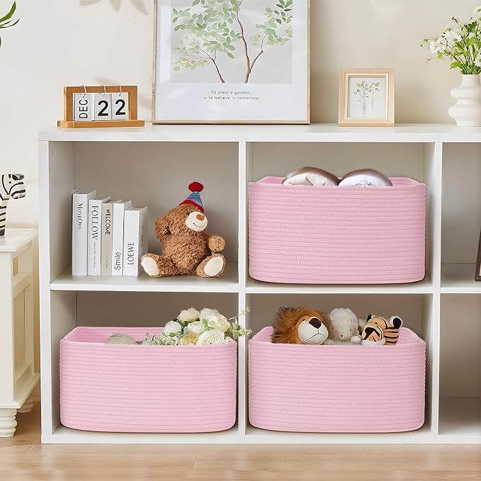 4 Pack Large Storage Basket for Organizing, 17.5"x13"x7" Woven Basket for Shelves, Closet Cube Storage Bins with Wrapped Handle, Cotton Rope Baskets for Kitchen, Clothes, Toys(Light Pink)