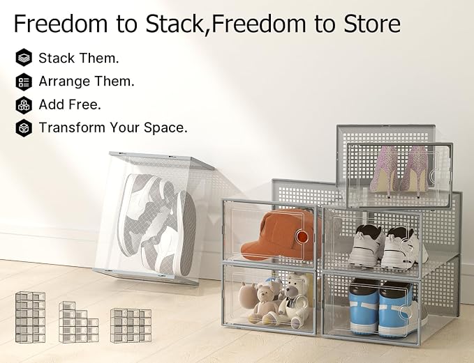 Kuject XX-Large Shoe Storage Boxes 12 Pack, Clear Stackable Shoe Organizer | Shoe Case for Closet, Entryway & Under-Bed Storage, Drop-Front Design, Space-Saving Solution for Family Organization,Grey