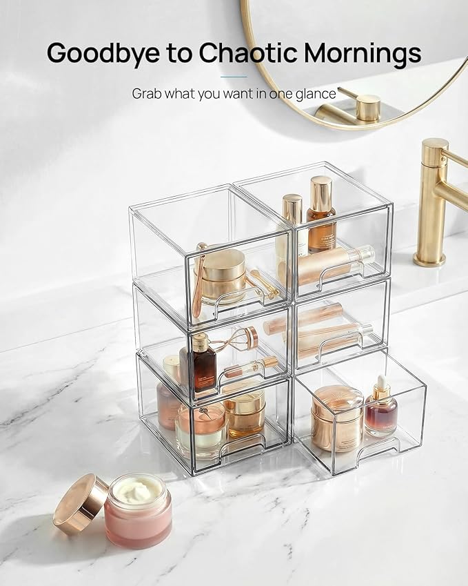 Vtopmart 8 Pack Small Clear Stackable Storage Drawers | Plastic Bins, Bathroom Makeup Organizer, For Vanity, Undersink, Kitchen Cabinets, Pantry, Home Organization