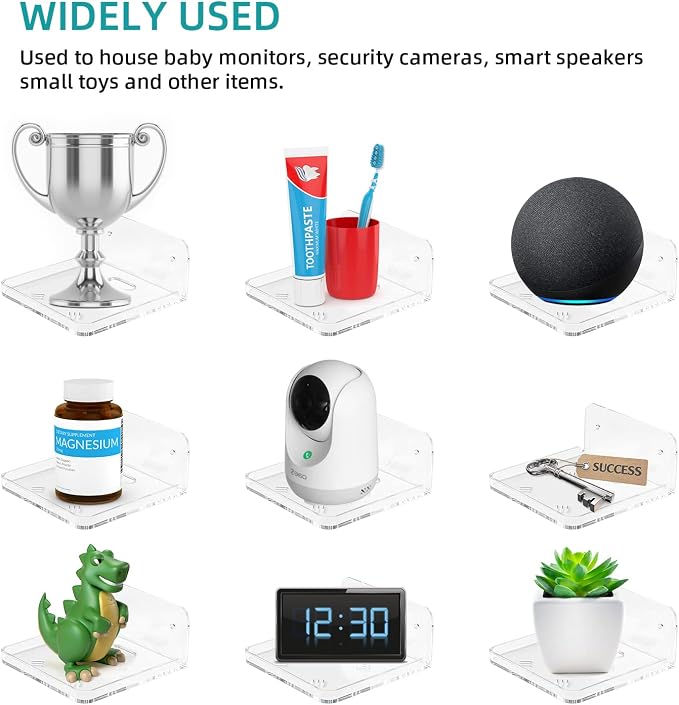 Wall Mount Floating Shelves for 2 Pcs Security Baby Camera Shelf Mini Speaker Other Small Items in Bedroom Bathroom Kitchen Living Room Clear Mini Shelf Flexible Use for Wall Space(S+L)
