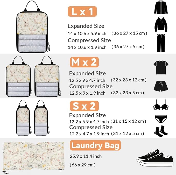 Floral Bunny 6 Set Compression Packing Cubes | Easter Rabbit Travel Accessories Expandable Packing Organizers Space Saver Bags for Organizing Clothes