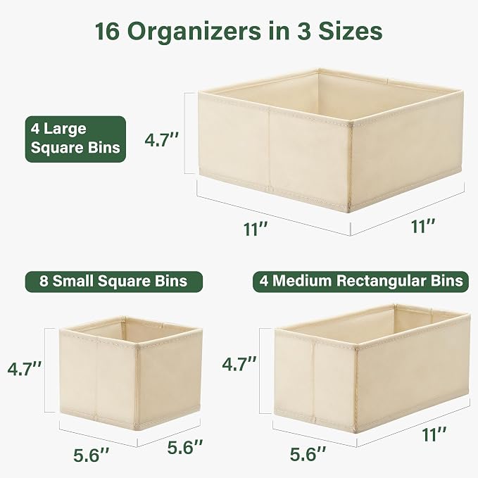 Kootek 16 Pack Drawer Organizer Clothes Dresser Organizers for Clothing | 3 Sizes Bins, Foldable, Breathable Non-Woven Fabric, Closet Organizers and Storage, Easy Assembly, Hold Baby Clothes, Nursery