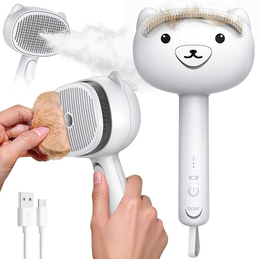 Self Cleaning Shedding Steam Cat Brush, Silicone Scraper Included Dog Brush, primecat, Cat Brushes for Shedding, USB Rechargeable, for Grooming & Haired Pets, Dogs & Cats, White