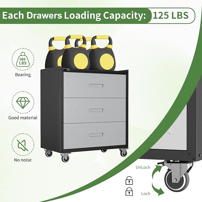 3 Drawer Metal Mobile Garage Tool Storage Cabinet with Wheels,Gray | Heavy Duty Rolling Tool Cabinets,Metal Storage Cabinets ,Assembly Required