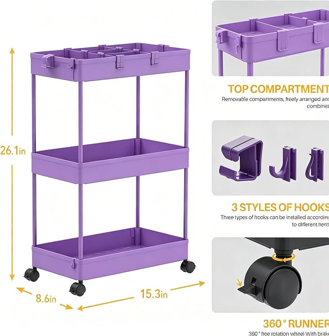 Slim Storage Cart 3 Tier,Bathroom Organizer Rolling Utility,Mobile Shelving Unit Slide Out for Office, Kitchen, Laundry Room & Narrow Places,Purple