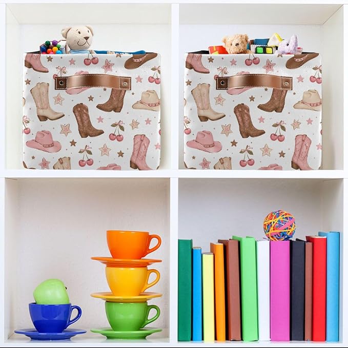 Kigai Storage Basket, Fabric Collapsible Closet Organizer Bin | Western Print Waterproof Foldable Canvas Basket with Handles for Shelves, Nursery, Closet, Bedroom & Bathroom
