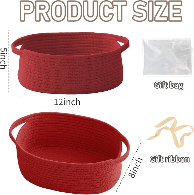 JMvicyroam Small Woven Basket, Empty Gift Basket, Red/3 Pack | Small Gift Basket, Cotton Rope, 12 x 8 x 23 in, Handles, Includes Ribbon and Bag, Birthday Gift Basket