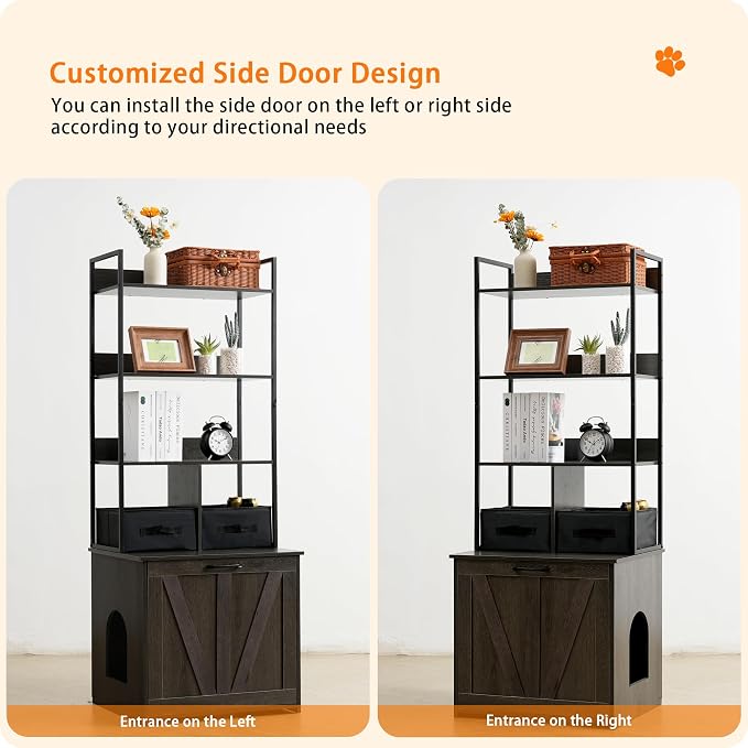Dwanton Cat Litter Box Enclosure, 3 Storage Shelves and 2 Drawers, 61.8" H | 2-in-1 Hidden Cat Litter Box Enclosure Furniture with Shelf, Metal Frame, Reversible Entrance, Washable Drawers, Dark Grey