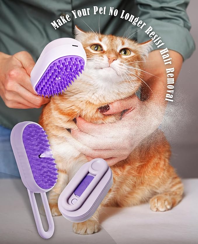 Cat Steam Brush for Shedding - 3 in 1 Pet Steam Brush for Dogs and Cats - Adjustable Dog Steamy Brushes for Grooming and Massage, Removing Tangled and Loose Hair (Purple)