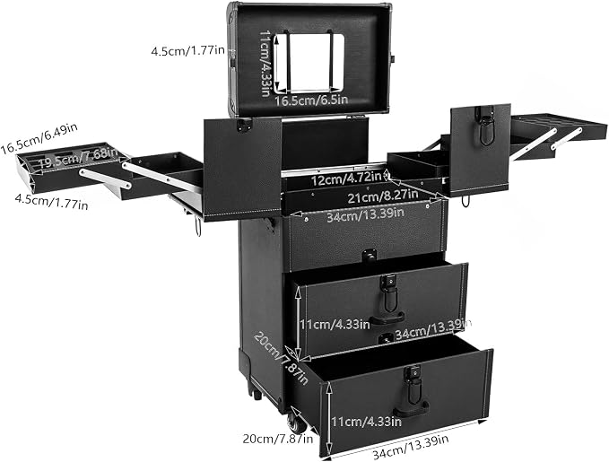 Large Rolling Makeup Case w/Mirror for Professionals,14.57 * 9.45 * 25.98in Rolling Makeup Train Case ,4 Trays & 2 Drawers,Lockable Cosmetic Organizer for Salon,Home, loading 110.23 lbs (black#2)