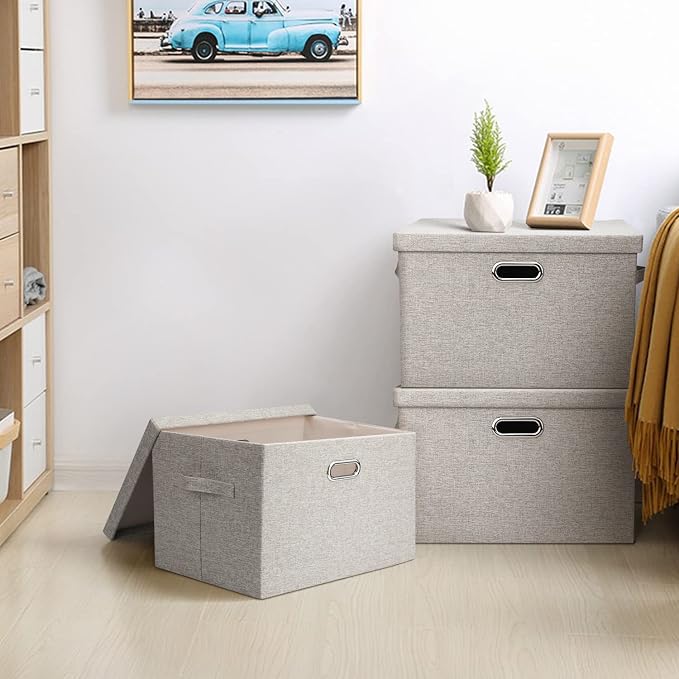 Graciadeco Large 17 36 Quart Collapsible Stackable Storage Bins with Lids, 1 Pack Beige Foldable Fabric Closet Storage Boxes with Lids, 4 Handles Toy Heavyduty Dark Gray Linen Storage Cube Box | 36 Quart 1 Pack Beige Collapsible Stackable Linen Fabric ...