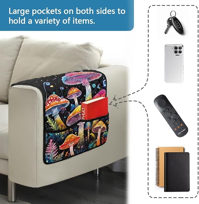 Mushroom Sofa Arm Covers Stretch Armrest Covers Washable Couch Arm Cover Stains Resistant Recliner Arm Cover Anti-Slip Armrest Slipcovers Furniture Protector