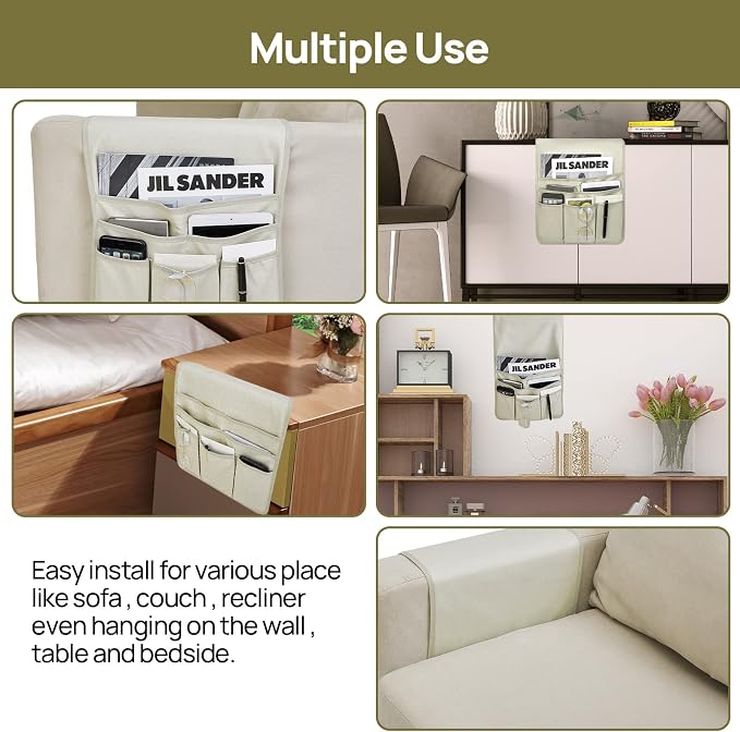 Teniux Remote Control Holder GRS Certified Armrest Organizer with 6 Pockets for recliner couch sofa, Recycled Material Armchair Caddy for Smart Phone, Book, Magazines, Ipad(Oyster White)