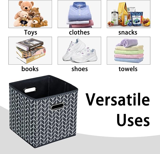 Black Foldable Storage Cubes Bins , Fabric Storage Box Cubes Organizer Baskets with Dual Handles for Home Organizer (Grey Wave)