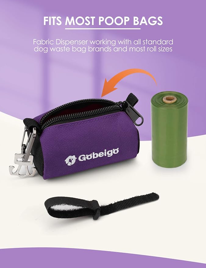 Gobeigo Dog Poop Bag Holder with Used Waste Bag Carrier(Purple) | Large Opening for Easy Dispensing, Carabiner & Hook-and-Loop Strap Fits Any Leash, Includes 15 Unscented Waste Bags