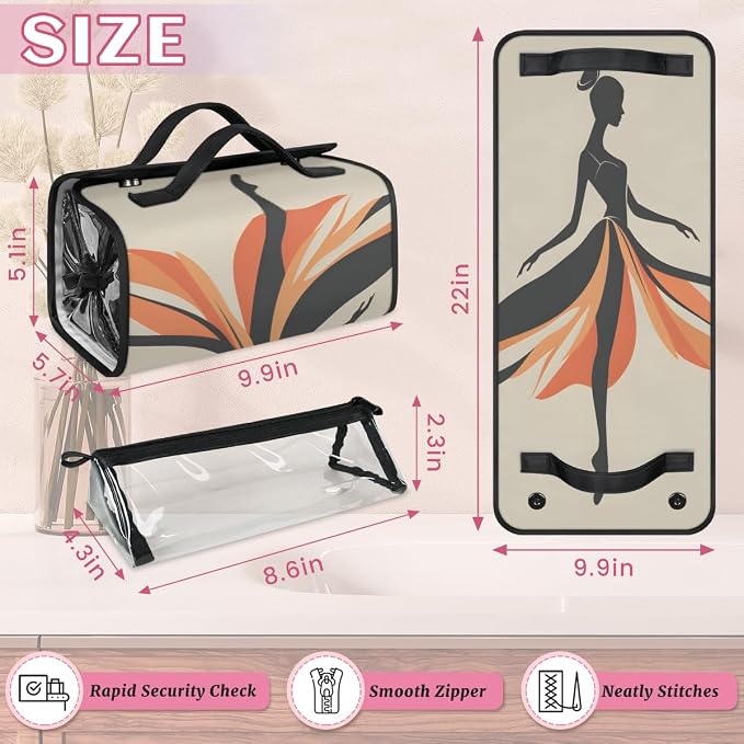 Ballerina Makeup Bag for Women Hanging Roll-Up Travel Organizer Toiletry Kit with 4 Removable Compartments, Modern