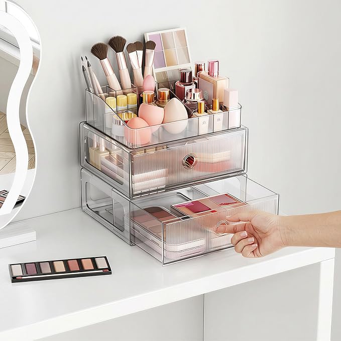 2 Tier Clear Makeup Organizer with Drawer, PET Cosmetic Storage for Dresser, Countertop & Bathroom Vanity, Holders for Lipstick, Brushes, Skincare & Beauty Supplies