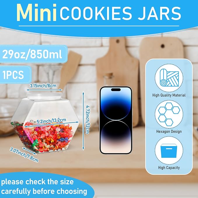 Uiifan Plastic Candy Jar with Lid Clear Hexagonal Fish Bowls,29 Oz | Clear Cookie Jar Desk Pet Display, Dog Food Craft Supplies Coffee Pod Storage, Wide Mouth Easy Access Organizer