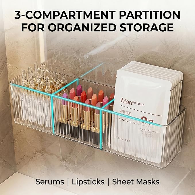Osuke 2 Pack Clear Shower Caddy & Bathroom Counter Organizer, Slim 2.3" Adhesive Wall Mount Shower Shelves with 3 Compartments, Fluted Bathroom Organizers and Storage for Skincare