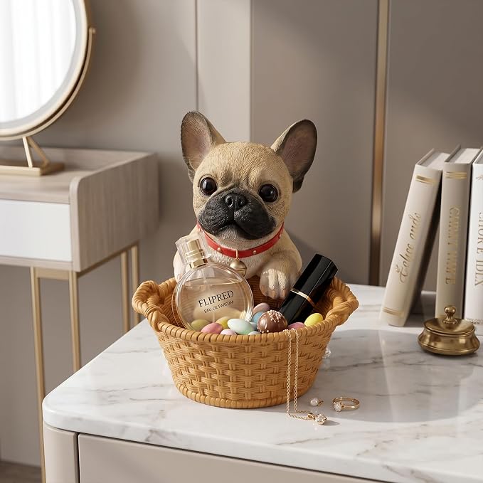 Cute French Bulldog Candy Bowl, Resin Dog Figurine Key Bowl for Entryway Table, Desktop Storage Basket Organizer for Desk, Unique Dog Lover Gift