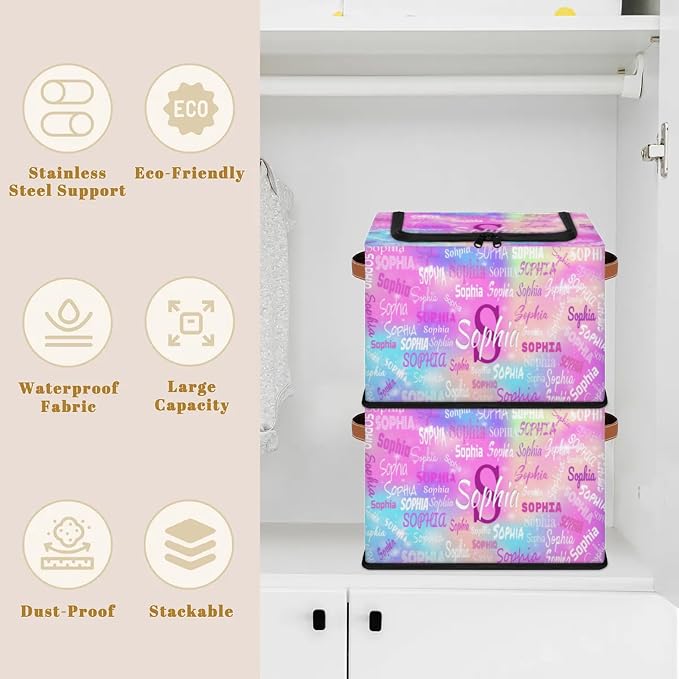 Custom Name Storage Bin with Lid Zipper, Personalized Storage Basket with Handles for Organizing Boys Girls Toys Office Closet Shelf Baskets, Watercolor Colorful Pink Blue Galaxy Background