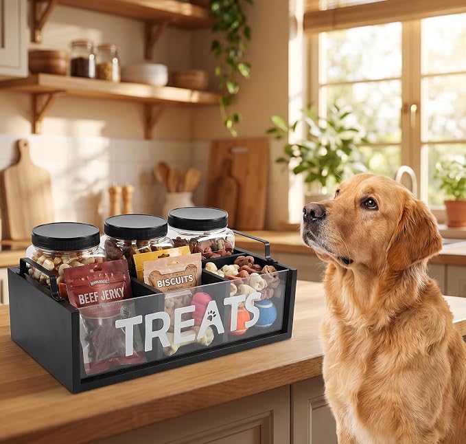 Dog Treat Container for Countertop, Pet Treat Storage Organizer with 3 Jars and Compartments, Cat Food Container with Handle, Dog Treat Organizer Bin